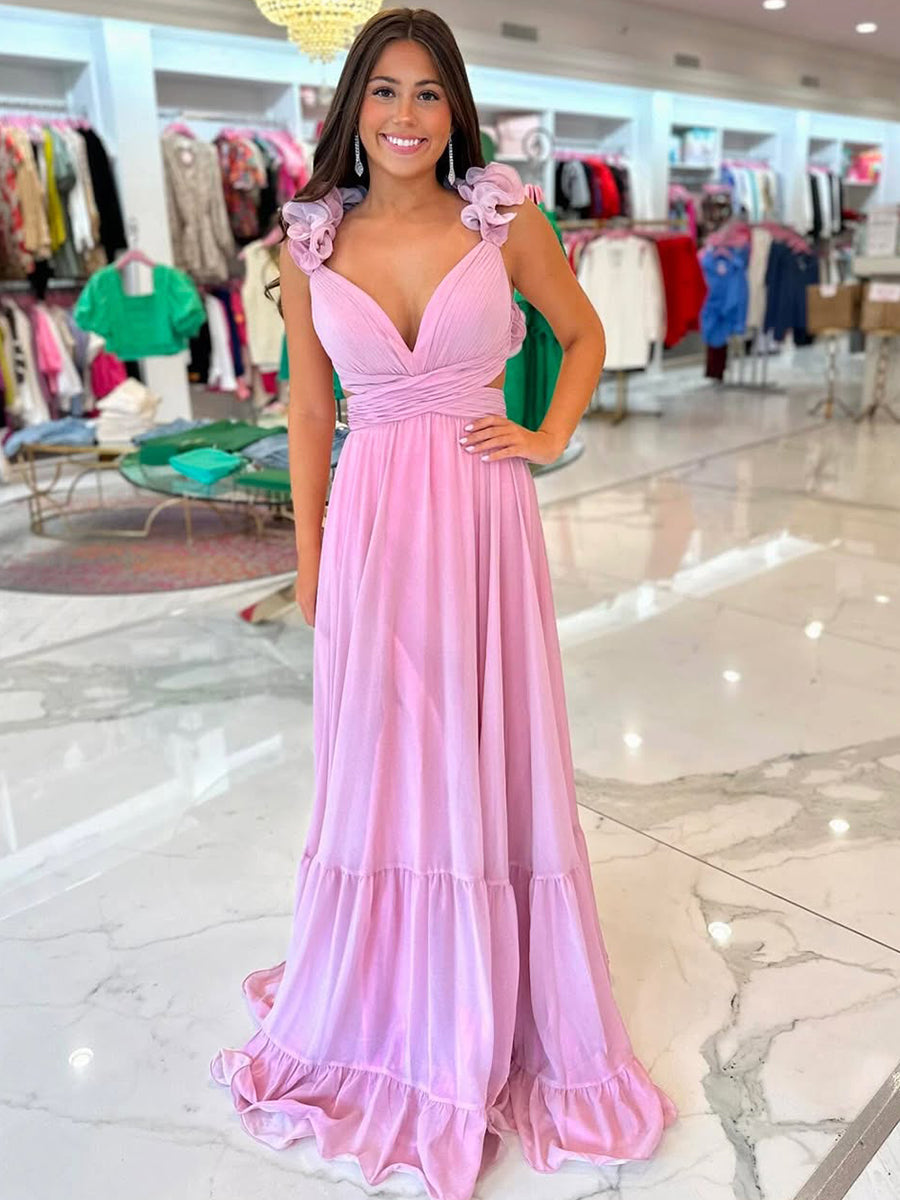 Dreamylily Prom Dress Romantic Pink Chiffon Tiered A-Line Evening Gown with Ruffle