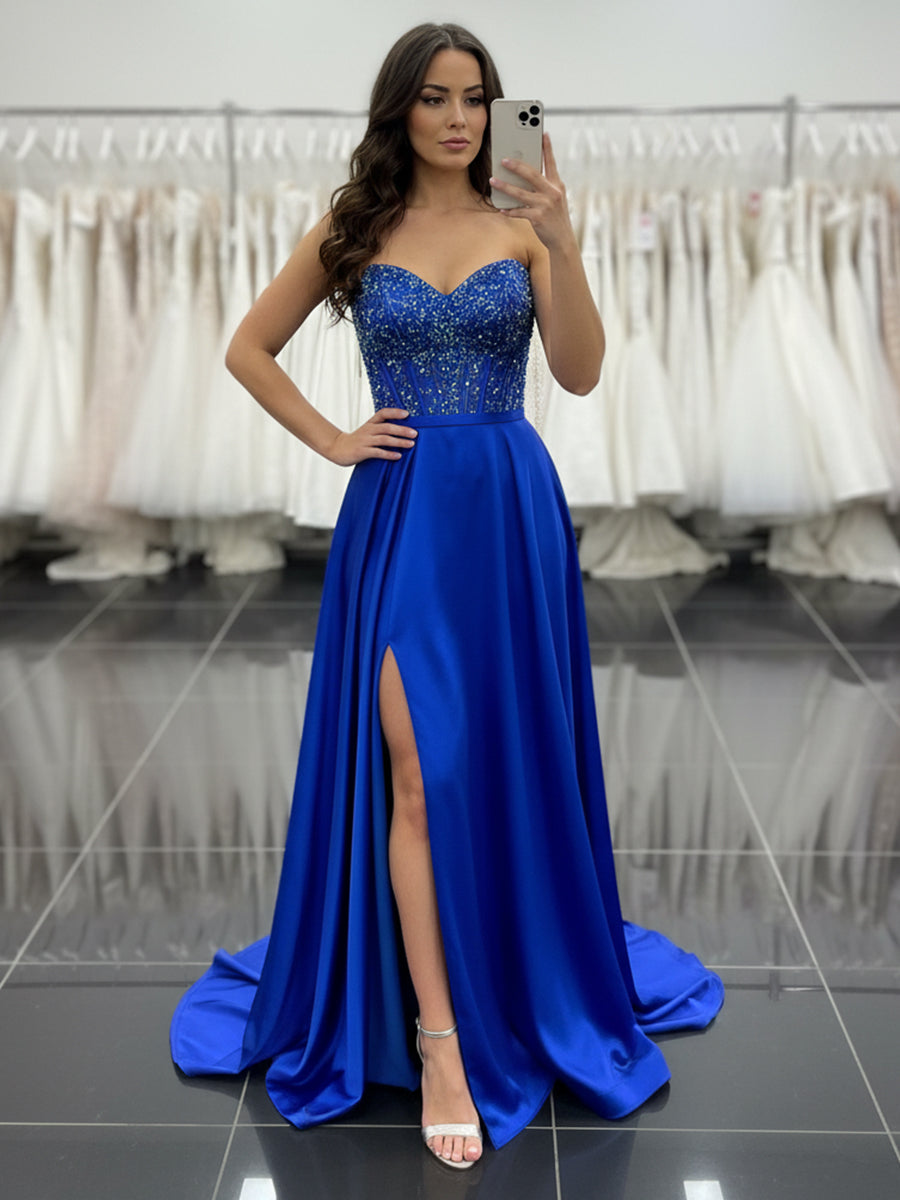 Dreamylily Prom Dress Royal Blue Satin A-Line Beaded Corset Bodice Ball Gown with High Slit