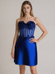 Strapless Satin Short Homecoming Dress with Appliqeus