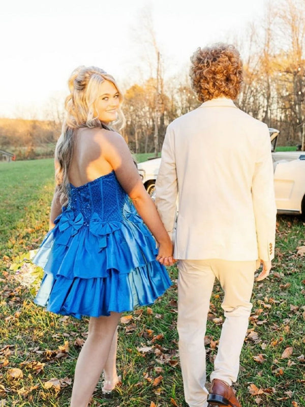 Royal Blue A-Line Strapless Short Satin Homecoming Dress With Beading