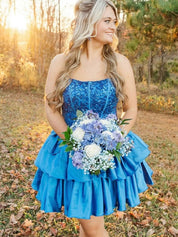 Royal Blue A-Line Strapless Short Satin Homecoming Dress With Beading