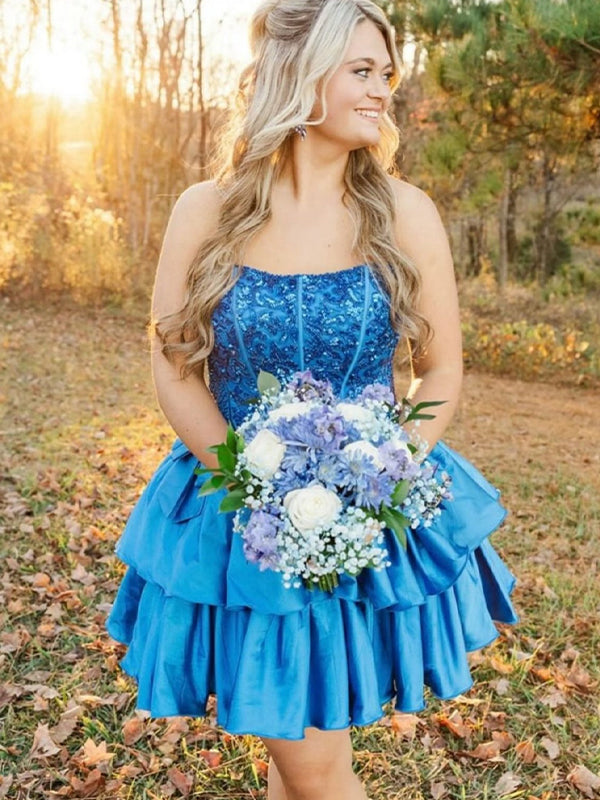 Royal Blue A-Line Strapless Short Satin Homecoming Dress With Beading