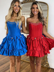 Royal Blue A-Line Strapless Short Satin Homecoming Dress With Bowknot