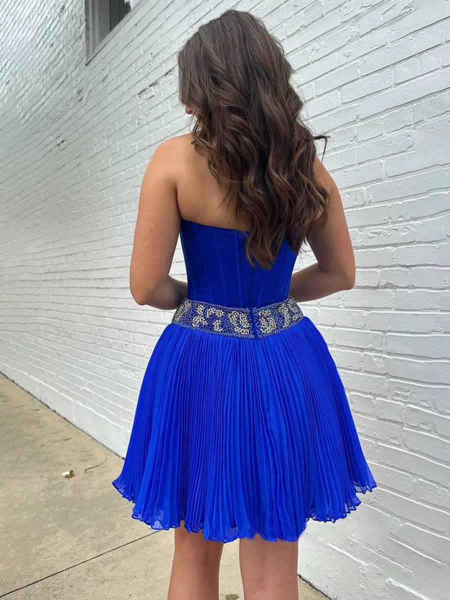 Royal Blue Strapless Beaded Ruched Short Homecoming Dress