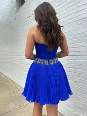 Royal Blue Strapless Beaded Ruched Short Homecoming Dress