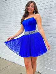 Royal Blue Strapless Beaded Ruched Short Homecoming Dress