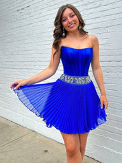 Royal Blue Strapless Beaded Ruched Short Homecoming Dress