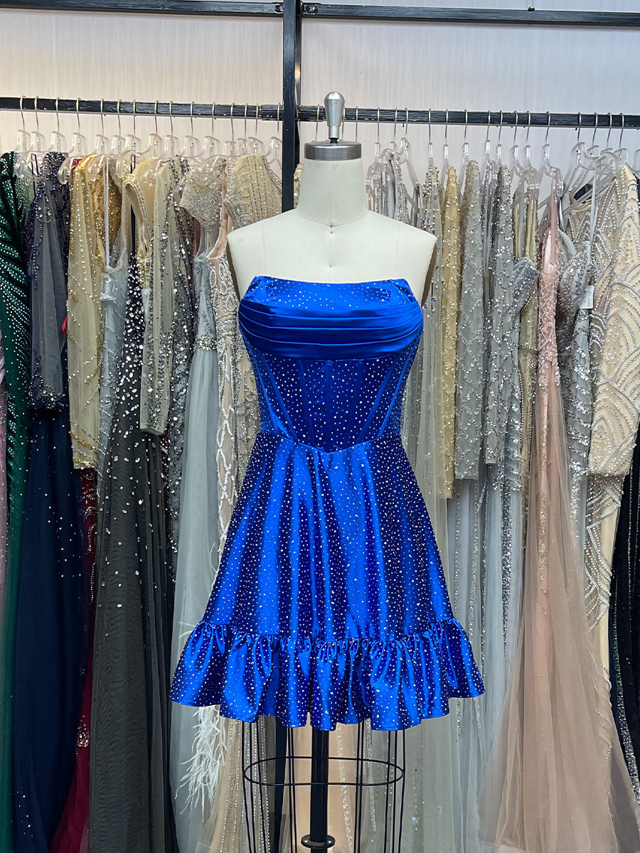 Royal Blue Strapless Beaded Short Homecoming Dress with Ruffle