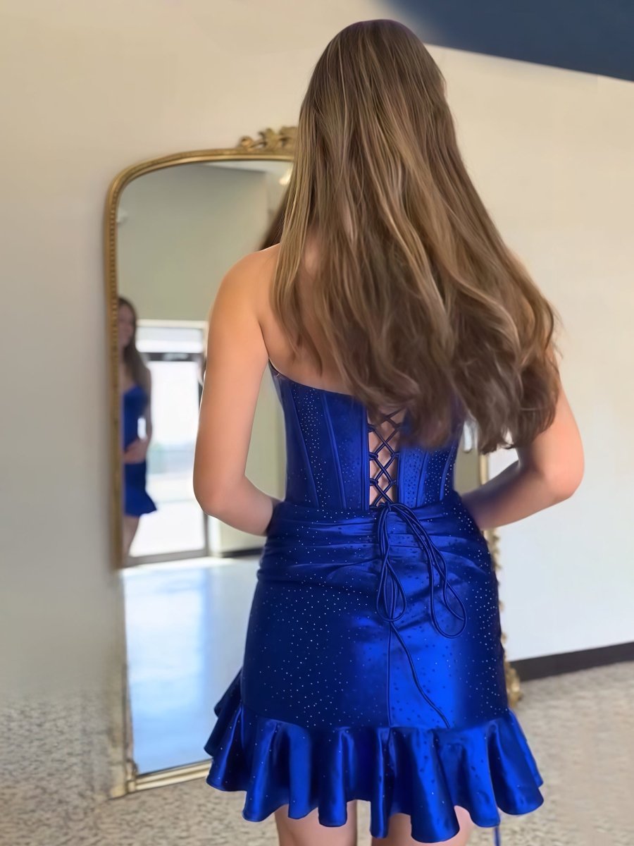 Royal Blue Strapless Bodycon Ruffles Short Homecoming Dresses With Beading