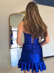 Royal Blue Strapless Bodycon Ruffles Short Homecoming Dresses With Beading