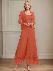 Separates Jumpsuit/Pantsuit Square Ankle-Length Lace Chiffon Mother of the Bride Dress With Sequins