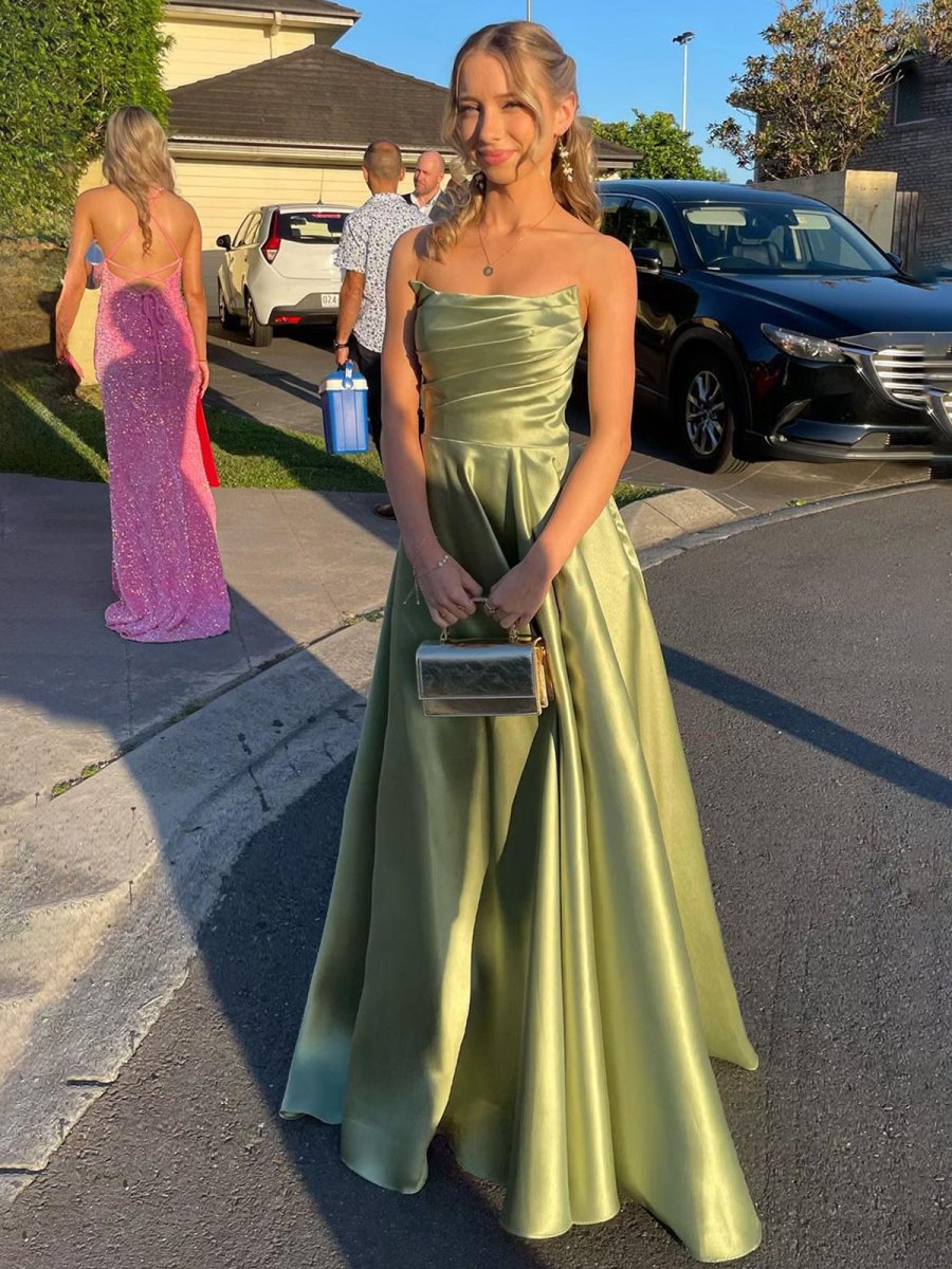 Dreamylily Women Sage Green A Line Strapless Satin Long Prom Dress with Slit Dreamylily Women Sage Green A Line Strapless Satin Long Prom Dress with Slit
