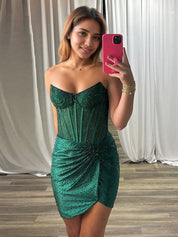 Sheath Strapless Corset Dark Green Homecoming Dress with Beading