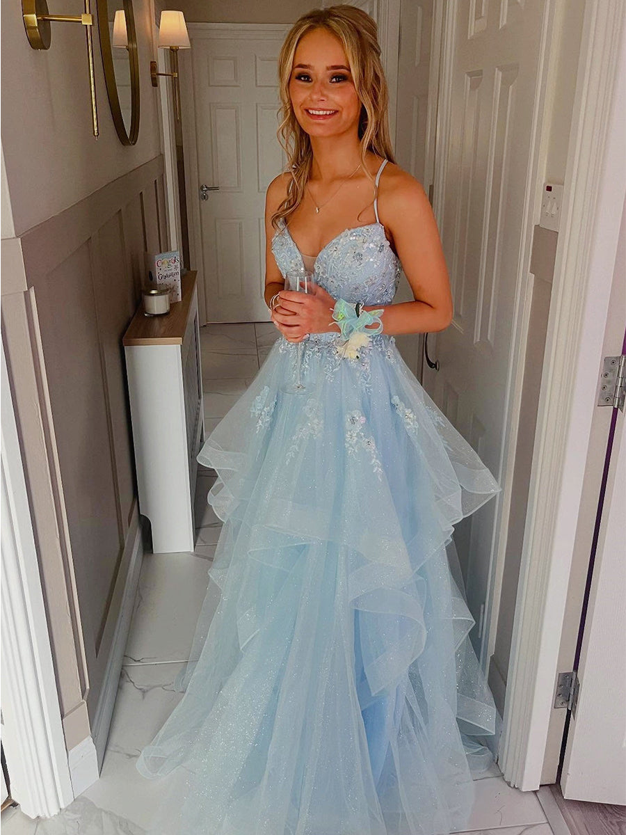 Dreamylily Prom Dress Sparkling Light Blue Floral Tiered Ruffle Long