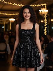 Sparkly A Line Square Neck Short Homecoming Dress with Bow