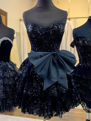 Sparkly A Line Sweetheart Corset Tiered Ruffle Homecoming Dress with Bows