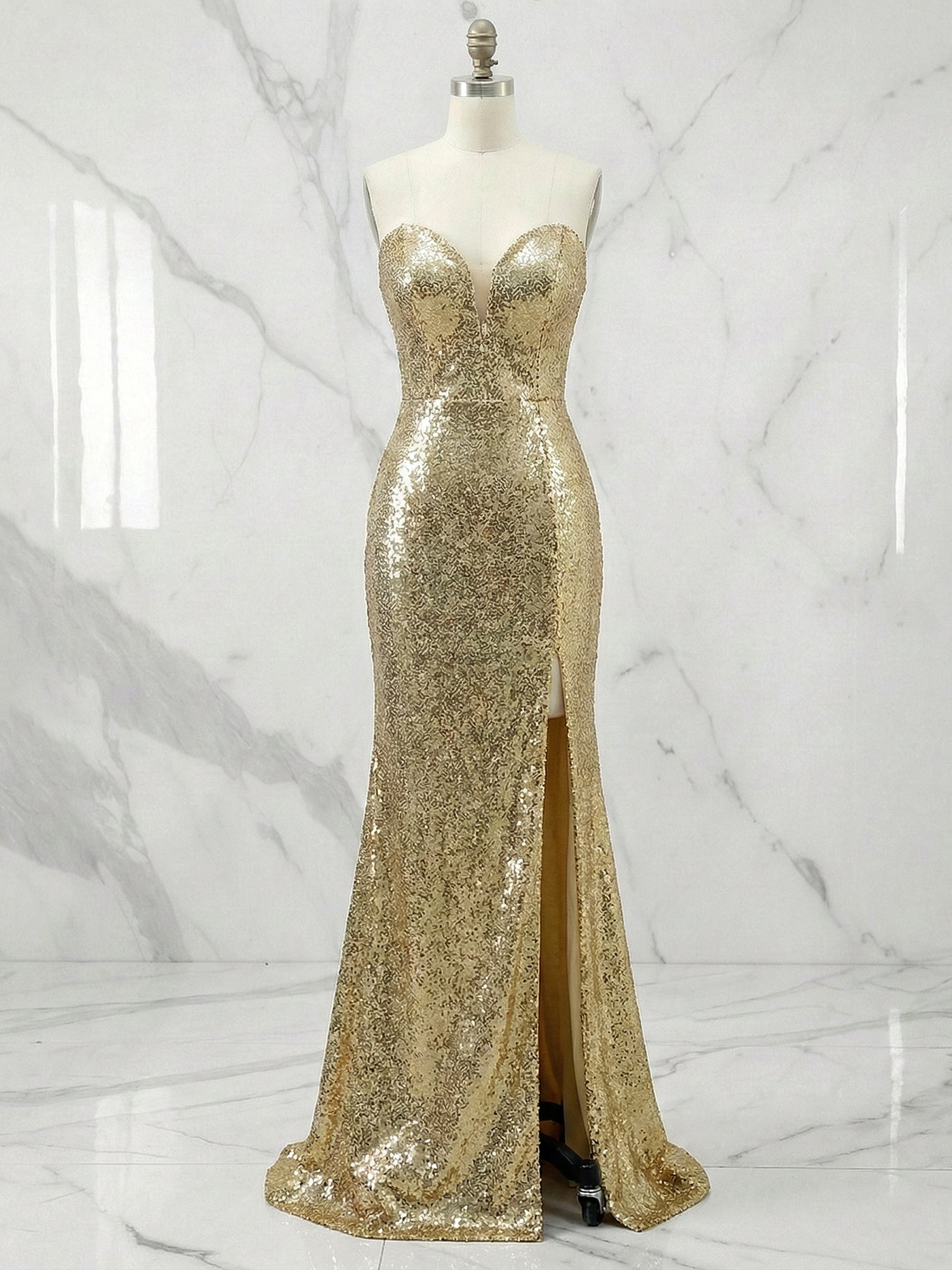 Dreamylily 2026 Prom Dress Sparkly Strapless Gold Mermaid Sequined Formal Dress with Slit