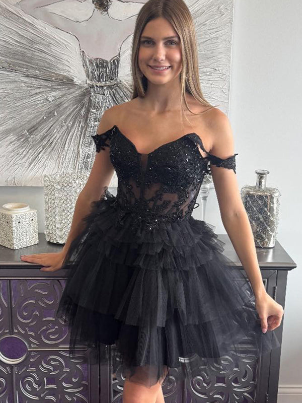 Dreamylily Women Sparkly Black Ruffled Tulle Short Corset Homecoming Dress with Lace