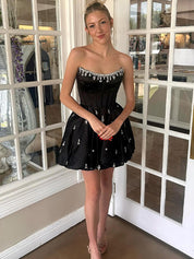 Sparkly Black Satin A Line Short Corset Homecoming Dress with Rhinestones