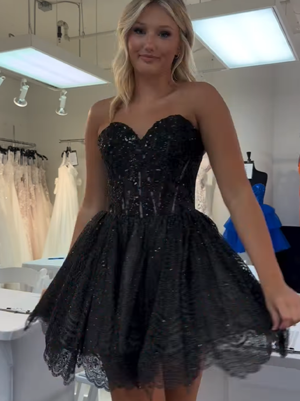 Dreamylily Women Sparkly Black Strapless Corset A Line Sweetheart Short Homecoming Dress Dreamylily Women Sparkly Black Strapless Corset A Line Sweetheart Short Homecoming Dress