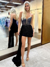 Sparkly Strapless Short Beaded Homecoming Dress With Detachable Train