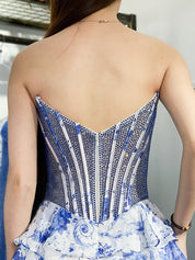 Sparkly Blue Strapless Beadeds Floral Print Tiered Homecoming Dress
