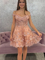 Sparkly Blush A Line Corset Short Ruffled Homecoming Dress with Lace