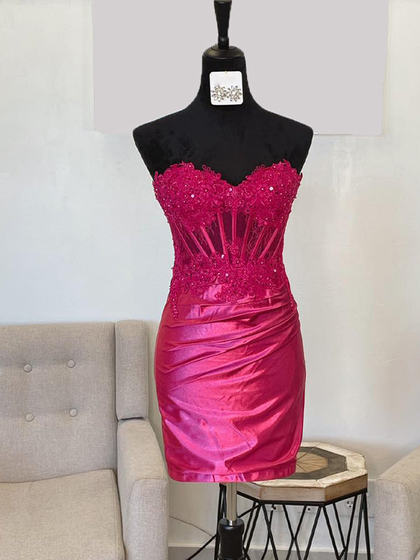 Sparkly Fuchsia Tight Corset Strapless Short Satin Homecoming Dress