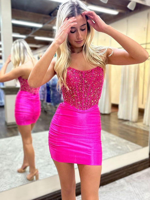 Sparkly Hot Pink Mermaid Strapless Short Satin Homecoming Dress