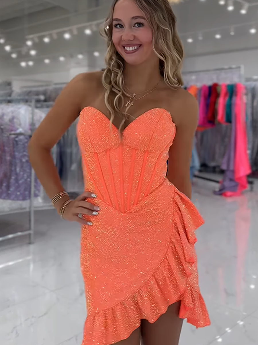 Dreamylily Women Sparkly Orange Tight Short Corset Homecoming Dress with  Beading