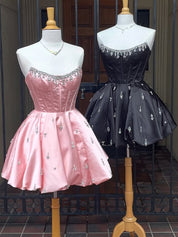 Sparkly Pink Satin A Line Short Corset Homecoming Dress with Rhinestones