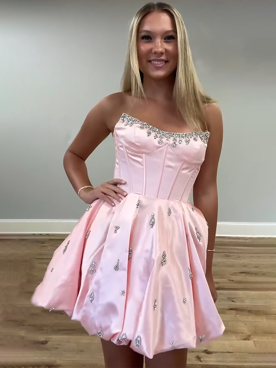 Sparkly Pink Satin A Line Short Corset Homecoming Dress with Rhinestones
