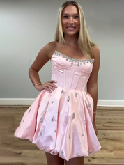 Sparkly Pink Satin A Line Short Corset Homecoming Dress with Rhinestones