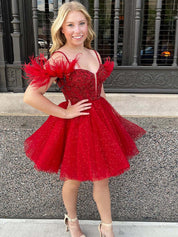 Sparkly Red A Line V Neck Tulle Short Homecoming Dress with Feather