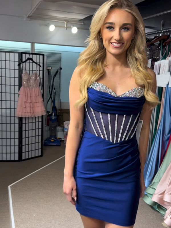 Sparkly Royal Blue Strapless Corset Bodycon Short Homecoming Dress