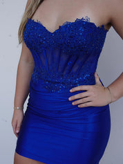Sparkly Royal Blue Tight Corset Strapless Short Satin Homecoming Dress