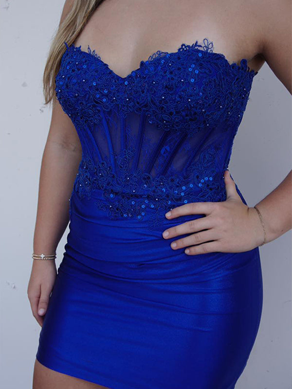 Sparkly Royal Blue Tight Corset Strapless Short Satin Homecoming Dress