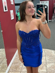 Sparkly Royal Blue Tight Corset Strapless Short Satin Homecoming Dress