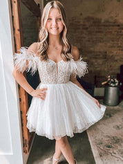 Sparkly White A Line V Neck Tulle Short Homecoming Dress with Feather