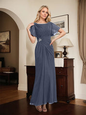 A-line Scoop Ankle-Length Chiffon Mother of the Bride Dress With Beading Pleated