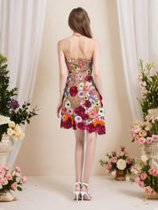 Strapless 3D Floral Short Yellow Homecoming Mini Dress