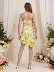 Strapless 3D Floral Short Yellow Homecoming Mini Dress