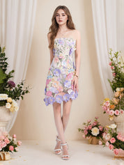 Strapless 3D Floral Short Yellow Homecoming Mini Dress