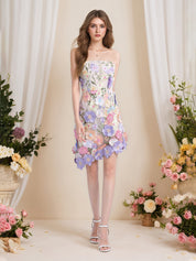 Strapless 3D Floral Short Yellow Homecoming Mini Dress