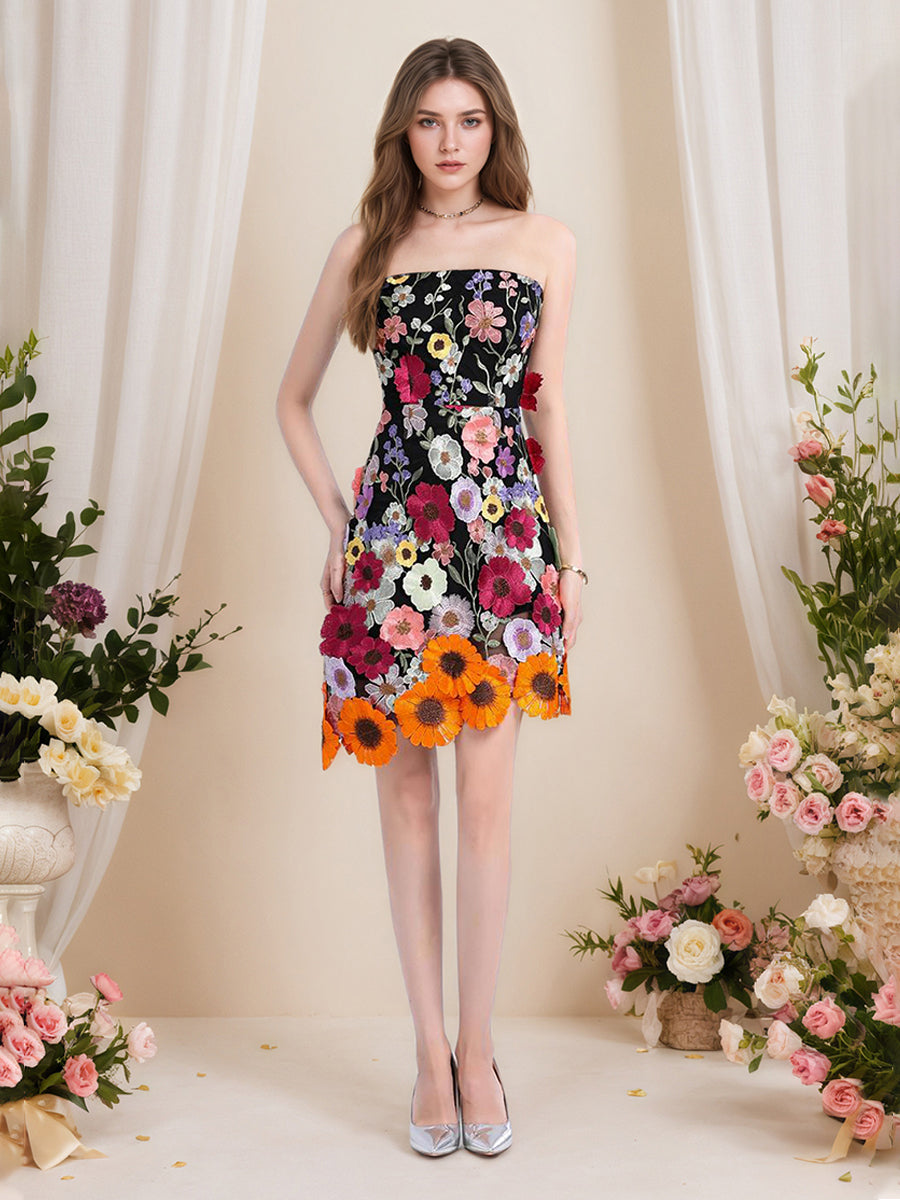 Strapless 3D Floral Short Yellow Homecoming Mini Dress