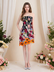 Strapless 3D Floral Short Yellow Homecoming Mini Dress