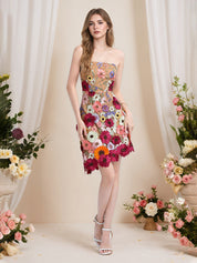 Strapless 3D Floral Short Yellow Homecoming Mini Dress
