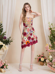 Strapless 3D Floral Short Yellow Homecoming Mini Dress
