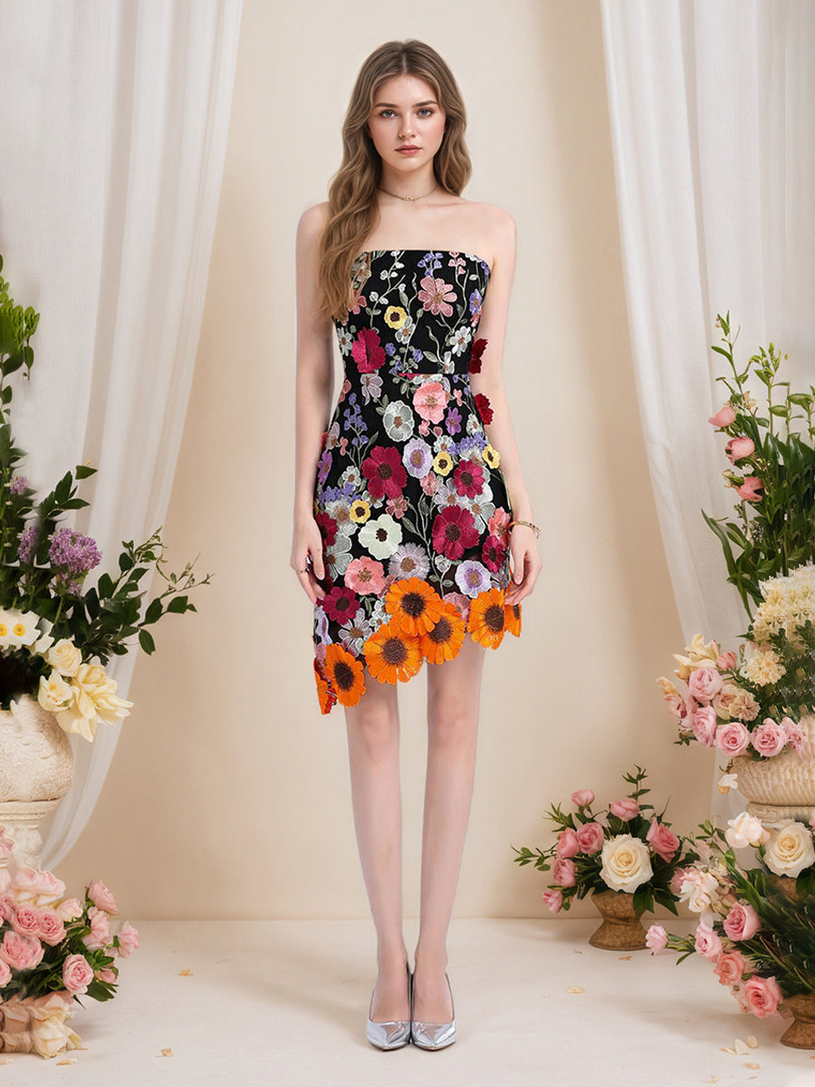 Strapless 3D Floral Short Yellow Homecoming Mini Dress