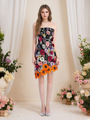 Strapless 3D Floral Short Yellow Homecoming Mini Dress